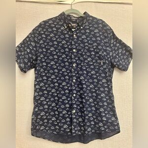 Eddie Bauer Mens Navy Blue Short Sleeve Button Up Tent Print Shirt sz XL Xlarge